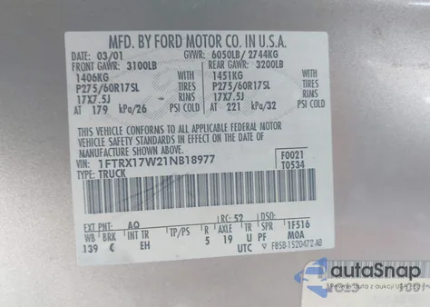 2001 Ford F-150 Lariat/Xl/Xlt from USA, damaged, VIN 1FTRX17W21NB18977